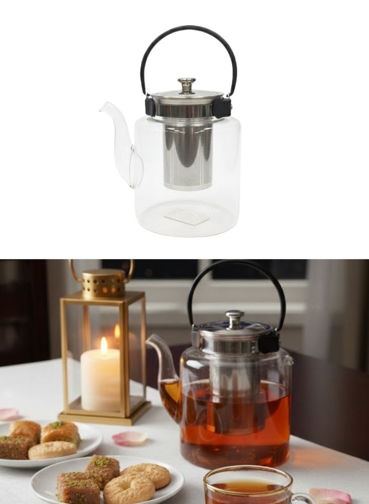 بريميم إبريق شاي زجاجي مع مصفاة من الفولاذ المقاوم للصدأ سعة لتر واحد مقاوم للحرارة - Image 1